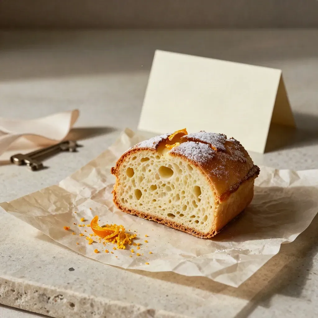 Colomba artigianale tagliata su carta da forno con briciole, scorza candita e nastro di lino