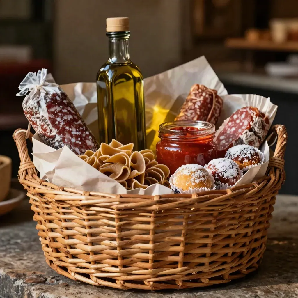 Cesto regalo regionale in vimini con pasta, olio, sugo, salame e dolci, luce calda radente.