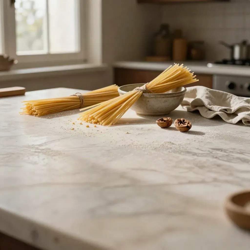 Semola, spaghetti secchi e ciotola rustica su marmo chiaro in cucina luminosa.