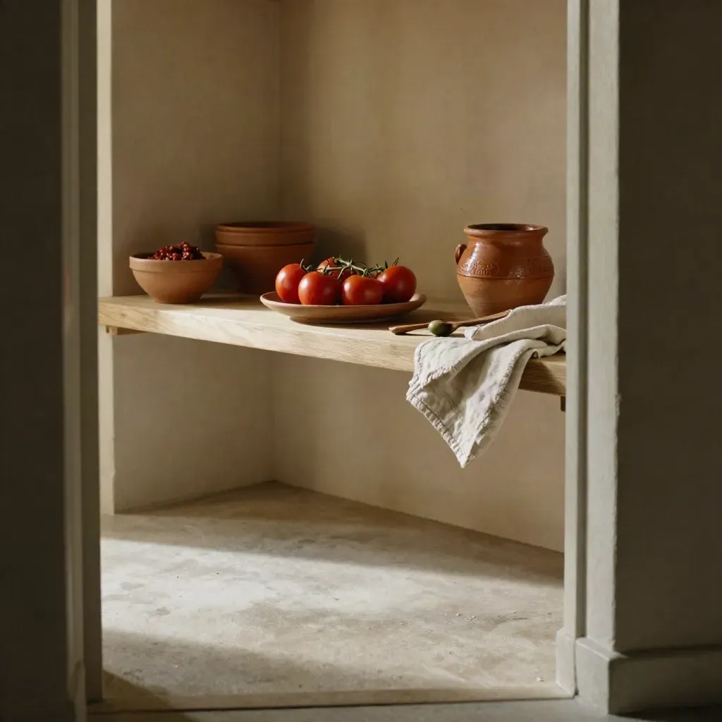 Nicchia dispensa calda con ciotole in terracotta e pomodori su ripiano di legno chiaro