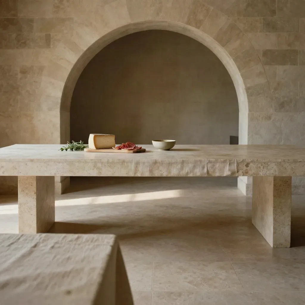Stanza in pietra con tavolo in travertino, formaggi e salumi vicino ad arco luminoso