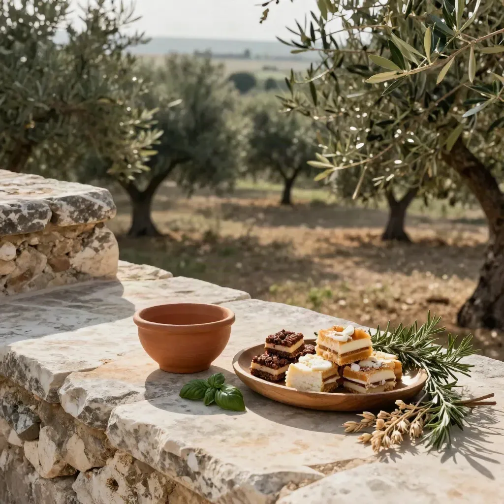 Vassoio di dolci regionali su terrazza in pietra tra ulivi e erbe mosse dal vento.
