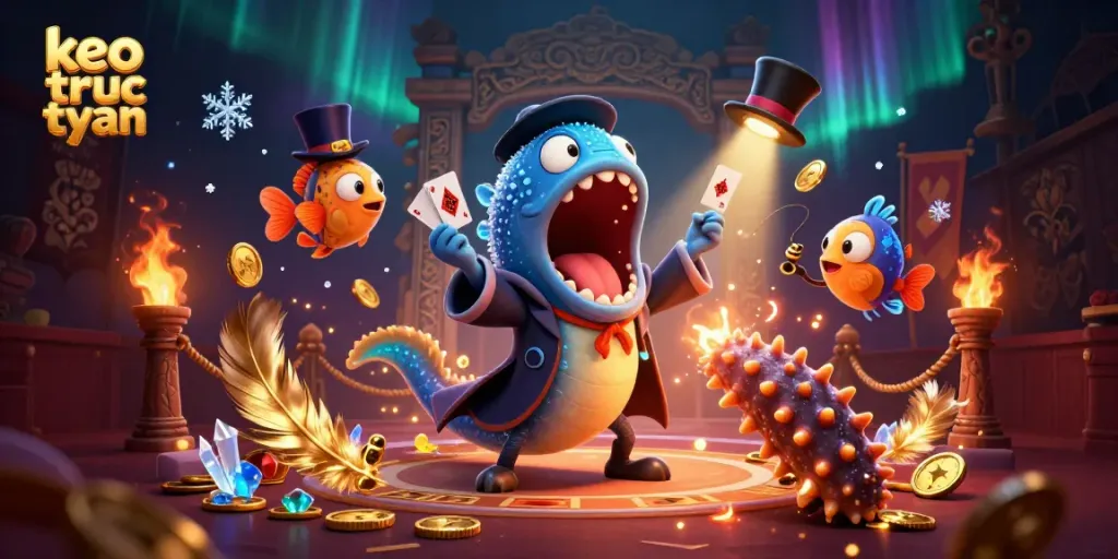 Engage in keo truc tuyen with stunning 3D scene of magical ocean creatures performing card tricks.