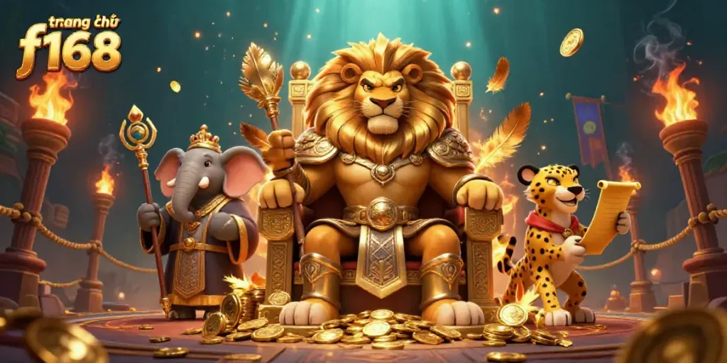 Experience the thrilling visuals of trang chủ f168 with a fierce lion king, elephant advisor, and cheetah messenger in a dynamic casino scene