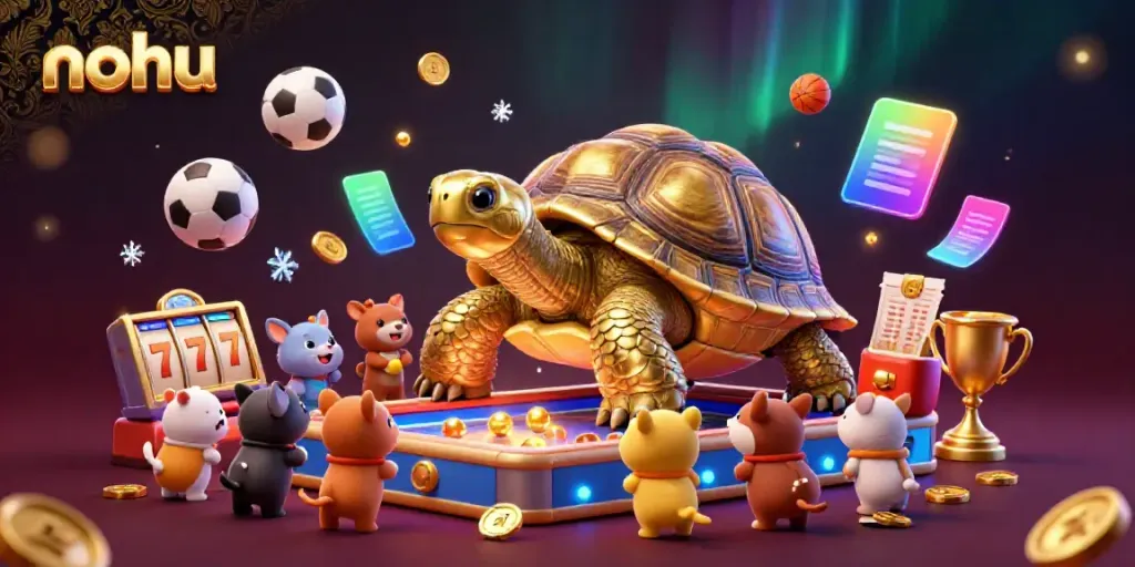 Experience the thrill of nohu with a vibrant golden tortoise pinball machine surrounded by lucky slot elements and festive atmosphere.