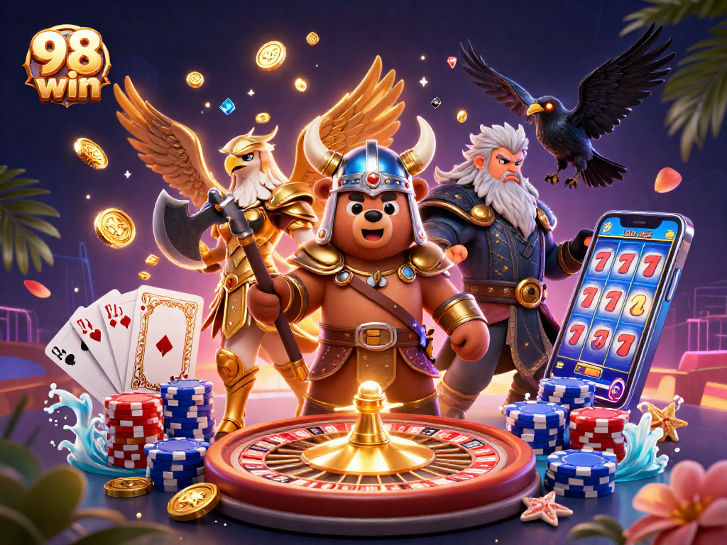 Experience thrilling games at 98 win with a captivating 3D casino scene showcasing Viking and Valkyrie characters.