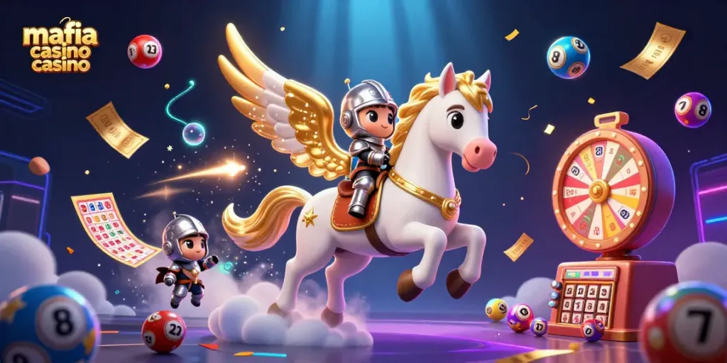 Mafia casino casino showcases vibrant gaming elements as a celestial horse and knight ride through a colorful gambling realm.