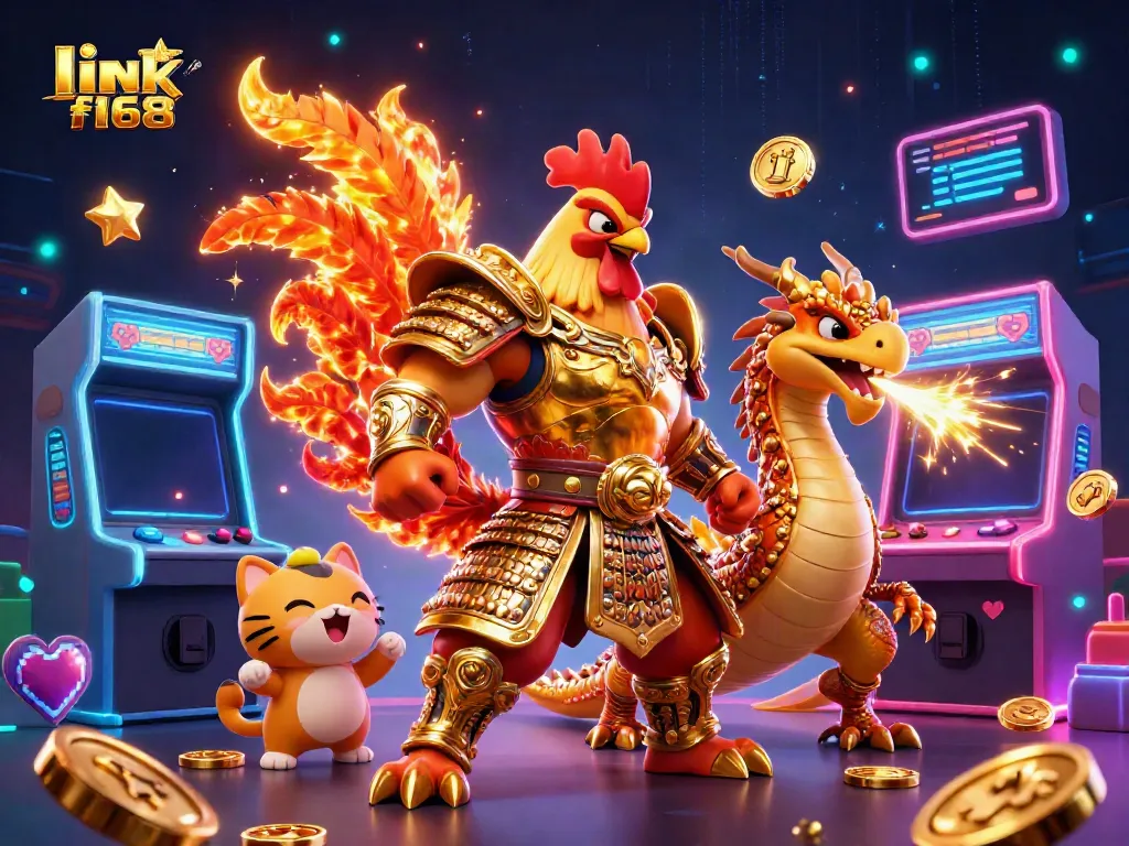 Experience thrilling battles with link f168 as a fighting rooster and armored dragon amidst vibrant casino game elements.