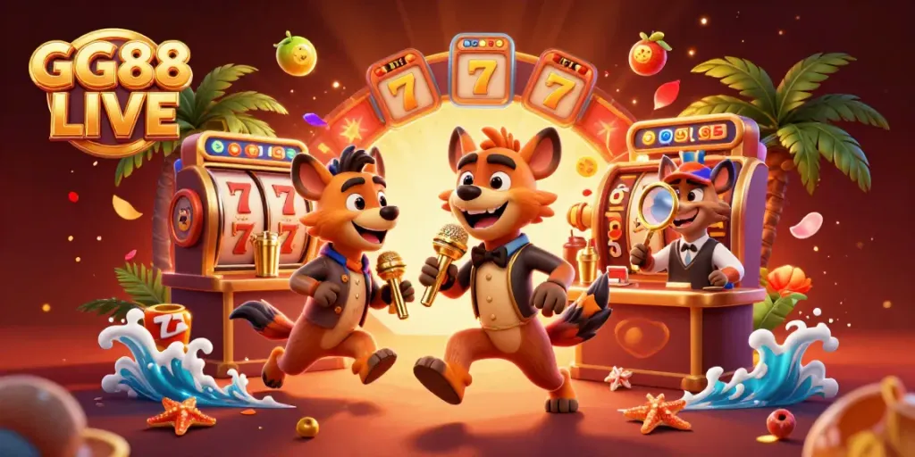 Experience GG88 LIVE in a vibrant casino scene with lively hyena characters, gold coins, and exciting game elements.