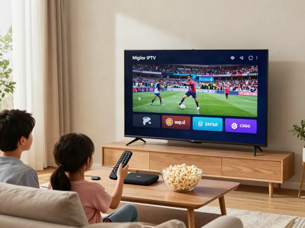 Miglior IPTV delivers family entertainment in a cozy living room setting with a large TV and streaming device.