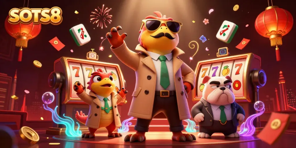 SLOTS8 raptors in disguise navigate a vibrant casino scene filled with slot reels, fruits, and fireworks.