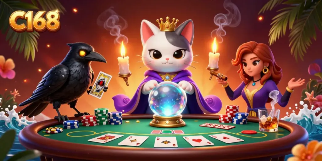 C168 players enjoying a vibrant casino scene with a fortune teller cat, colorful poker chips, and illuminating smoke.