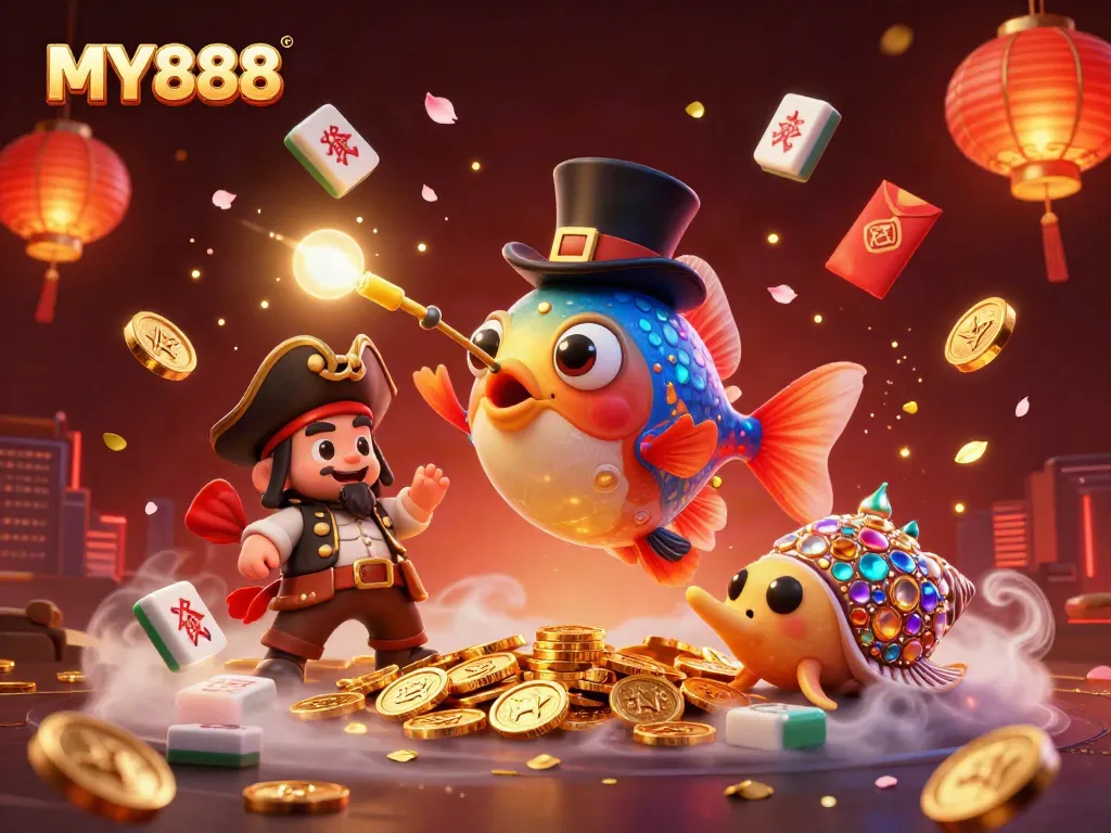 Experience the thrilling world of MY888 with fantastical creatures amidst shimmering gaming elements.