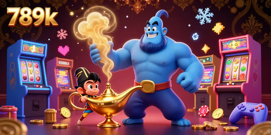 Experience thrilling casino action with 789k's colorful slot reels, poker chips, and a genie bursting with excitement.