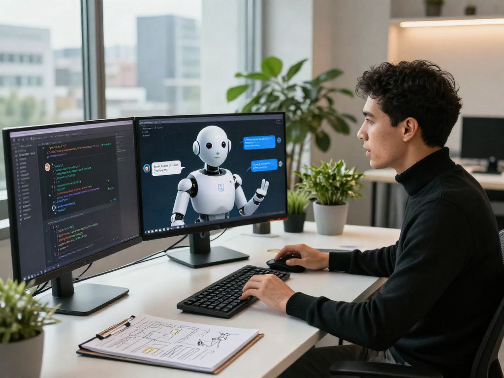 Spicy chat ai developer interacting with a digital avatar in a modern tech workspace.