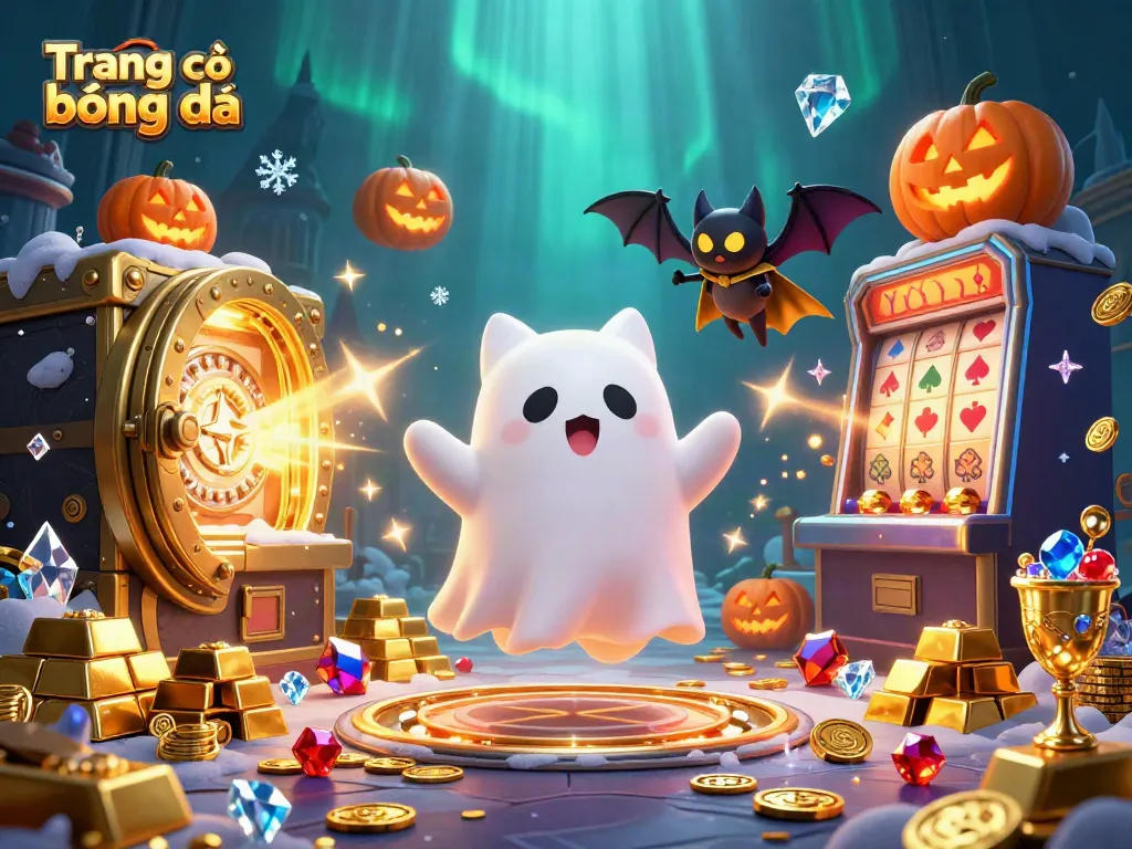 Engage in Trang cá độ bóng đá with our lively 3D scene featuring a ghost cat and bat companion amidst vibrant casino elements.