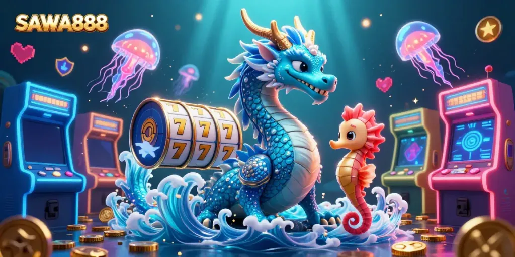 Engage with SAWA888's thrilling slots experience featuring vibrant characters and casino elements.