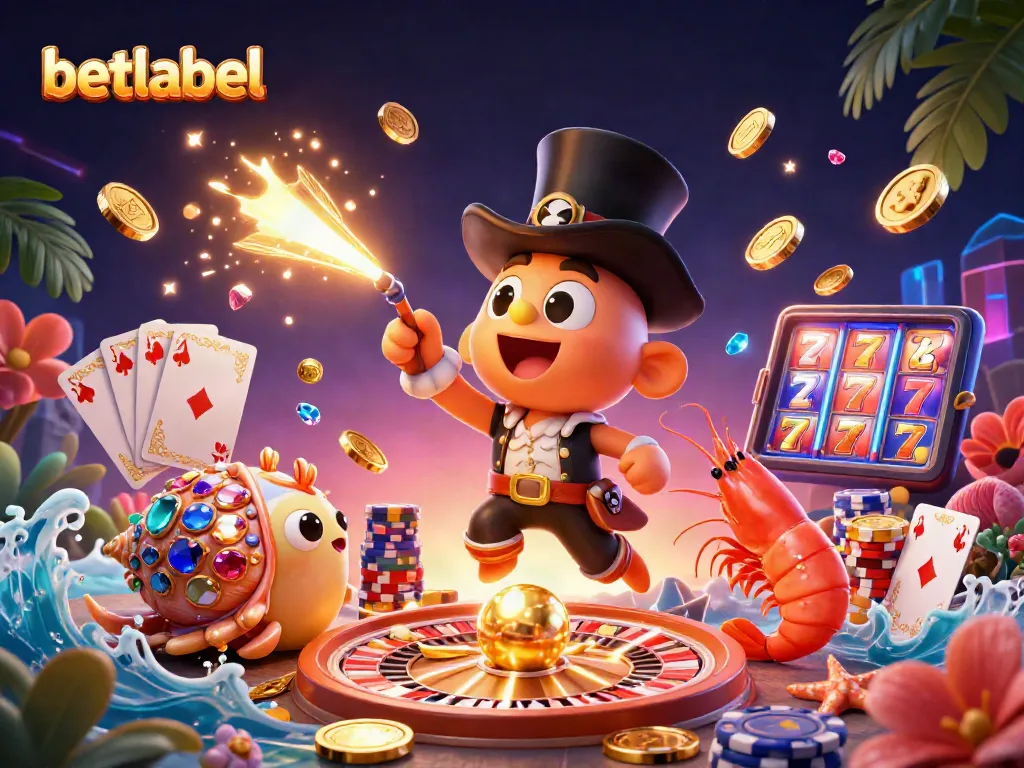 Betlabel captures thrilling casino action with cartoon characters attracting coins in a vibrant 3D scene.
