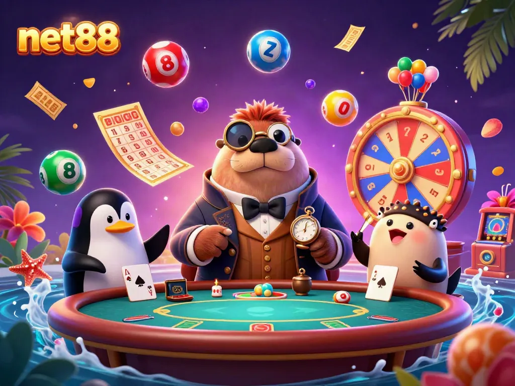 Experience net88's vibrant underwater poker scene with animated characters and casino action.