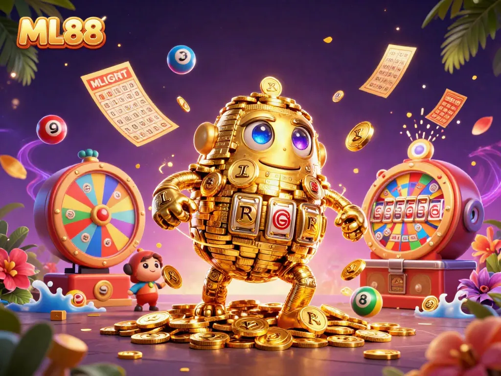 Engaging scene with ML88's golden golem amidst vibrant gaming elements showcasing dynamic action.