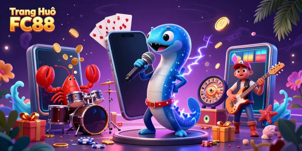 Experience thrilling gaming at Trang Chủ FC88 with a vibrant underwater casino scene, featuring a DJ eel and live band.