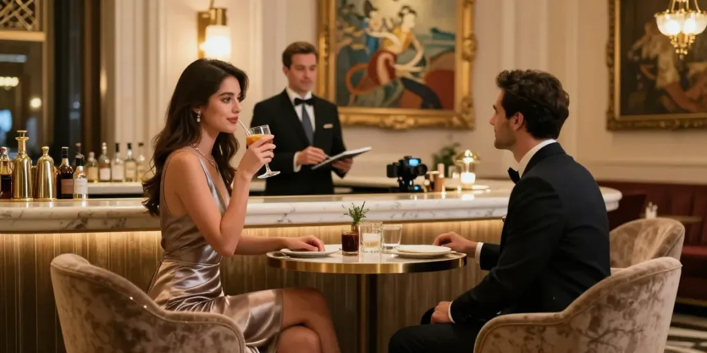 Elegant escort girl socializing in a luxury hotel lobby showcasing נערות ליווי בדרום.