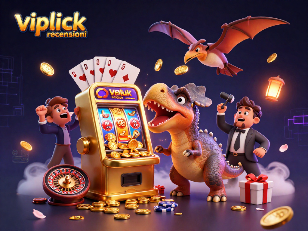 Recensioni su VIPLuck casino con un pachycephalosaurus che colpisce una slot machine dorata e un manager ansioso.