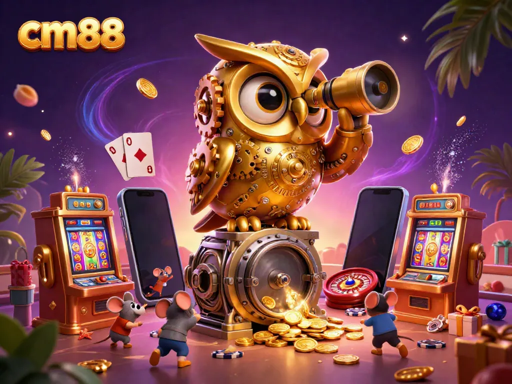 Experience the vibrant casino atmosphere at cm88 with a clockwork owl and playful mice.