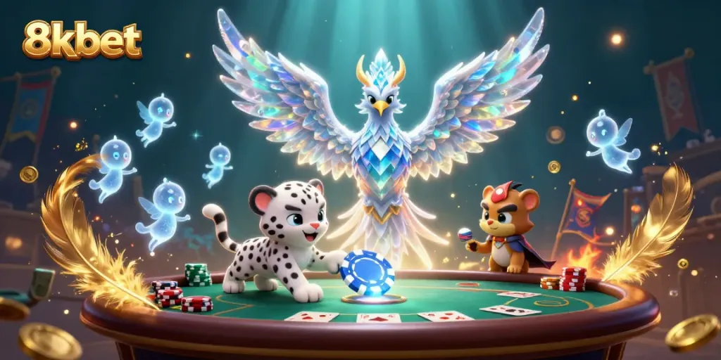 8xbet poker table scene with crystalline phoenix, leaping ice sprites, and vibrant game tokens