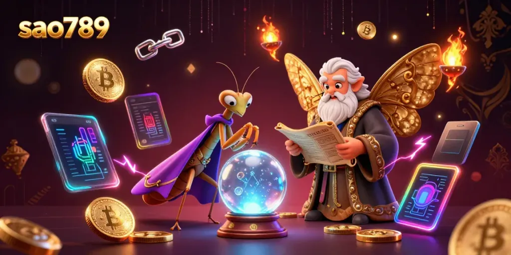 Engage with sao789's mystical fortune telling scene featuring crypto elements and rich casino vibes.