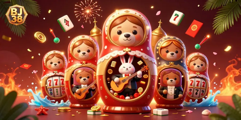 Engage with BJ 38's thrilling online casino experience through captivating slot games and dynamic characters.