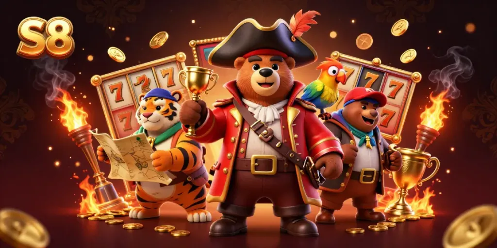 Experience excitement with S8's vibrant gaming environment featuring pirate and tiger characters.