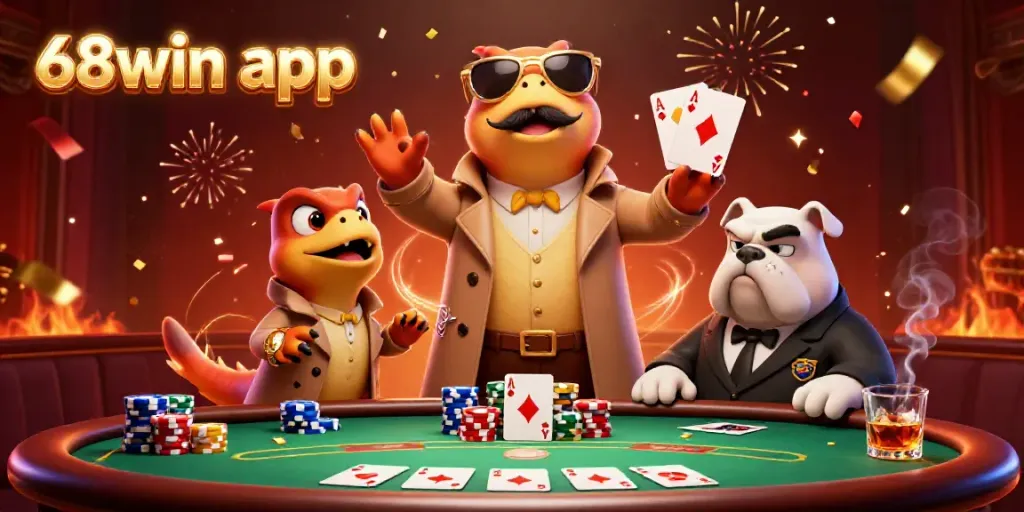 Engage with the 68win app as whimsical raptors comically attempt entry into a luxury casino lounge.