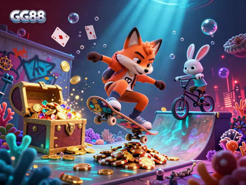 Experience thrilling casino action with GG88 in this vibrant 3D illustration featuring casino-themed characters and game elements.